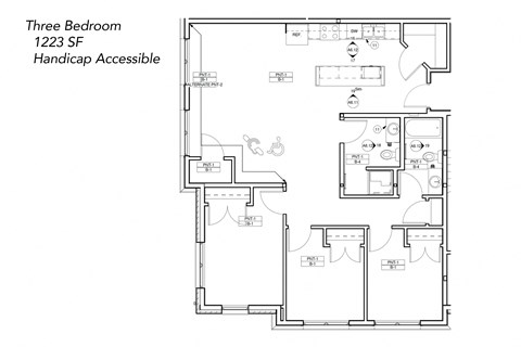 Floor plan for 3 beds, 2 baths, 1223 sqft
